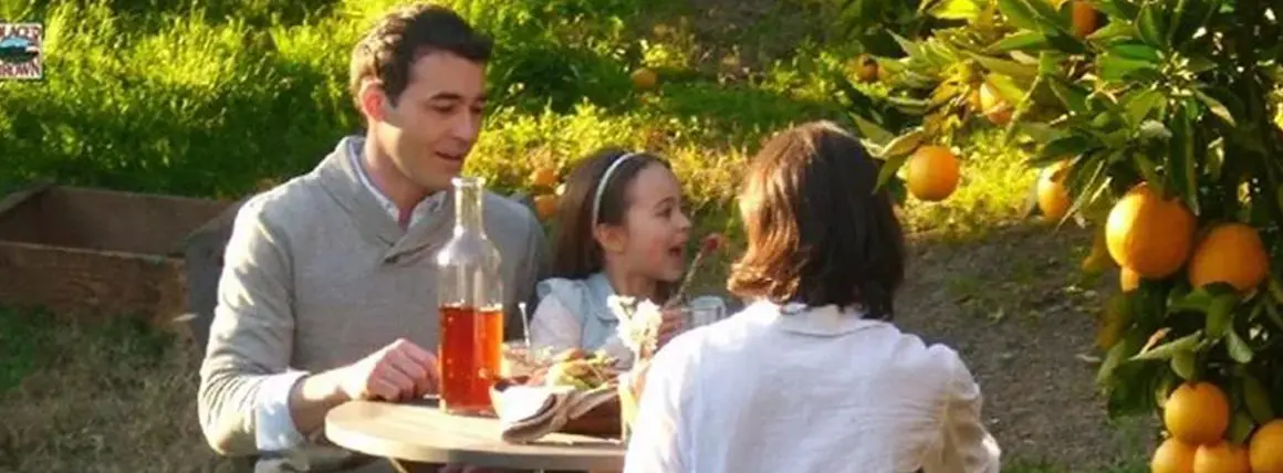 A family sitting at an outdoor table eating.